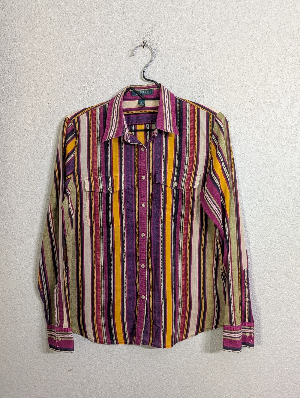 Lauren Ralph Lauren Woman Multicolor Stripe Button-Up Shirt Sz M Roll-Tab Sleeve